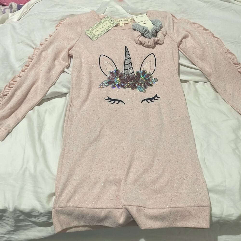 Btween 8 long sleeve unicorn sequined sweatshirt dress ruffled arms nwt